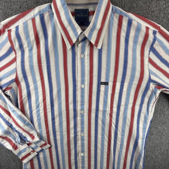 Faconnable Blue Red Cotton Striped Large Point Long Sleeve Shirt Button Up Men - Picture 1 of 15